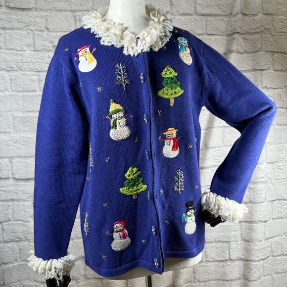 Storybook Knits Sweaters - VTG Storybook Knits Snowman Wonderland Christmas Sweater Women's Small Cardigan